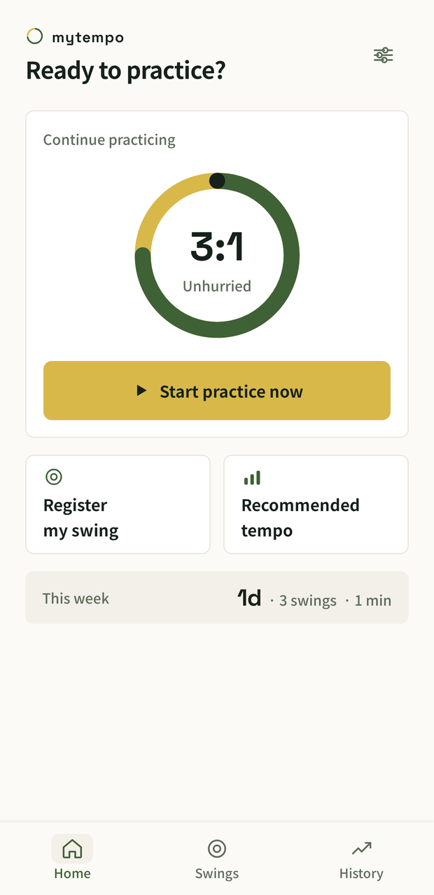 The mytempo home screen: the 3:1 base-rhythm tempo ring with backswing and downswing arcs, a Start practice now button, and Register my swing / Recommended tempo cards below.
